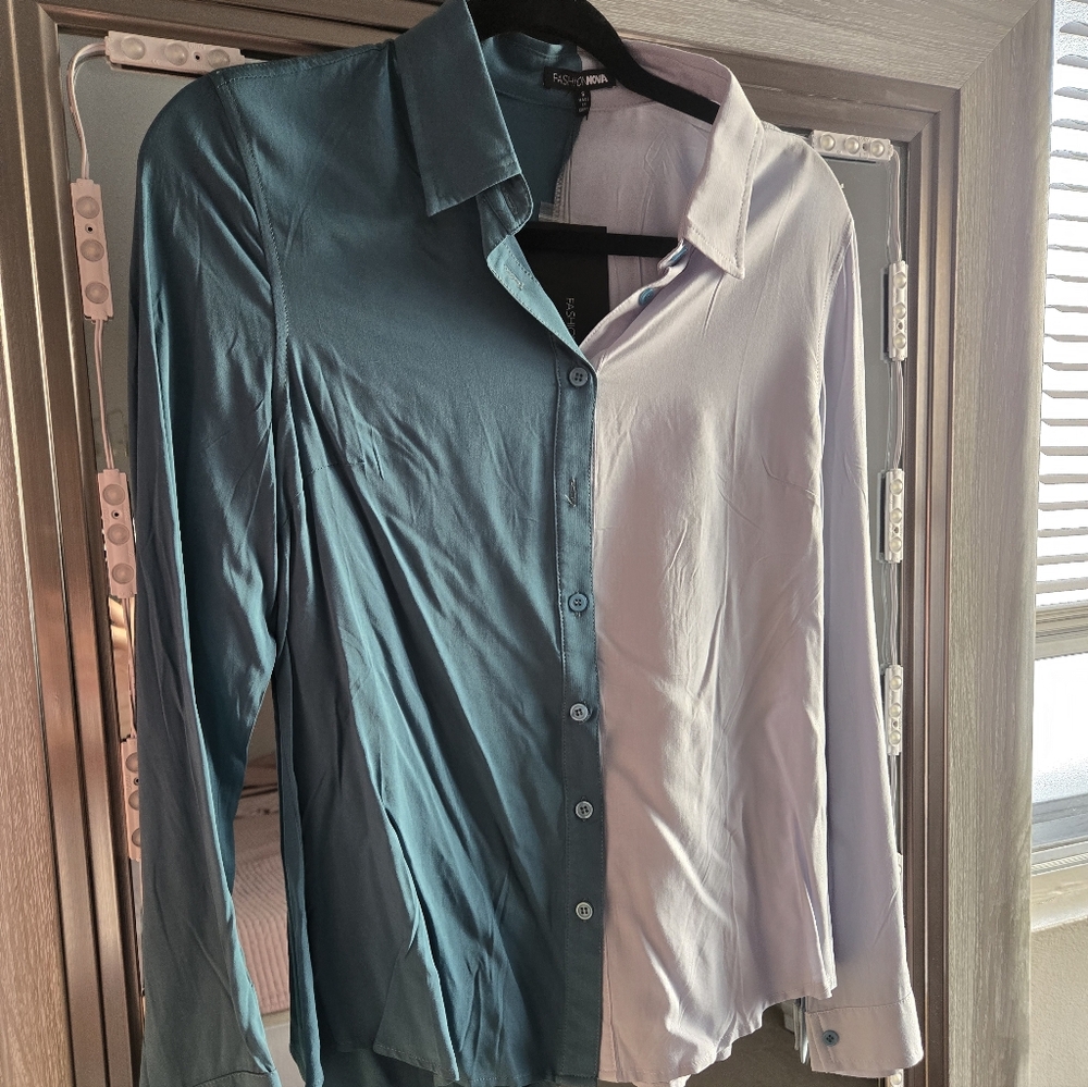 Fashion Nova Womans Casual Split Shirt - Teal and Light Gray